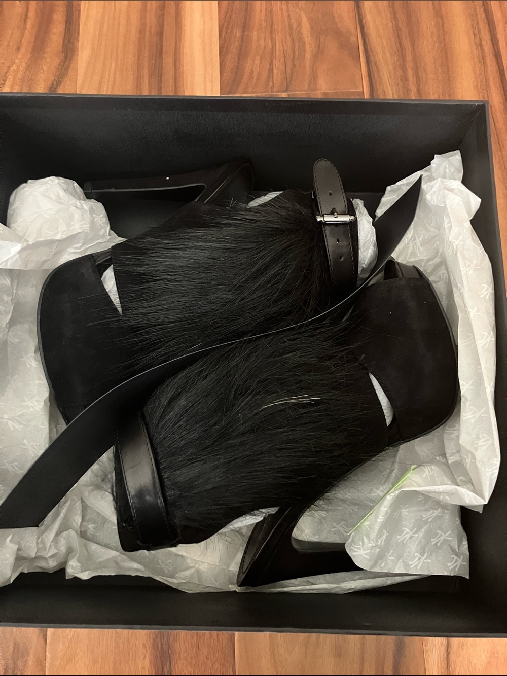 Kenneth Cole Black Fur Strap Stiletto Sandals